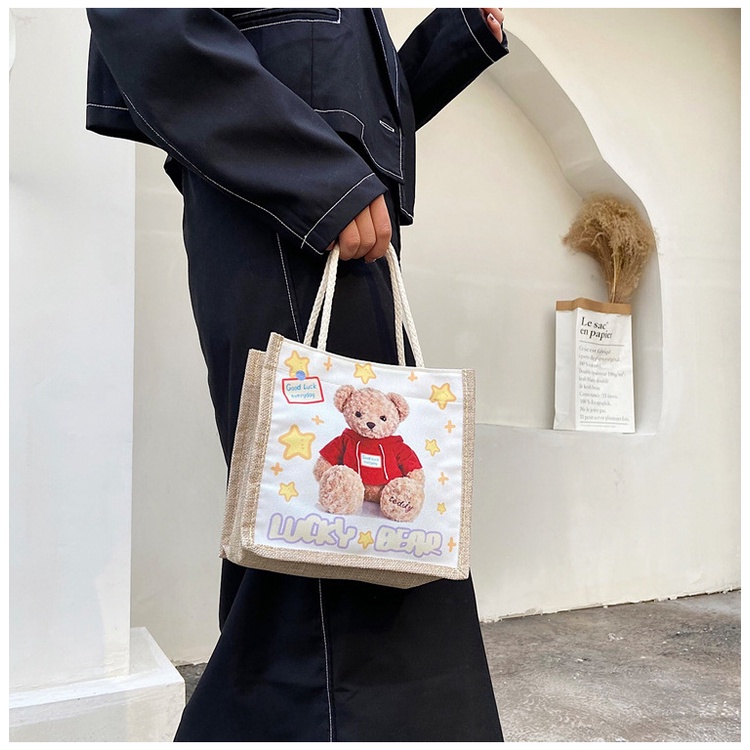 Túi tote vải lanh nhỏ nhắn in họa tiết hoạt hình phong cách Nhật Bản xinh xắn hợp thời trang dành cho nữ