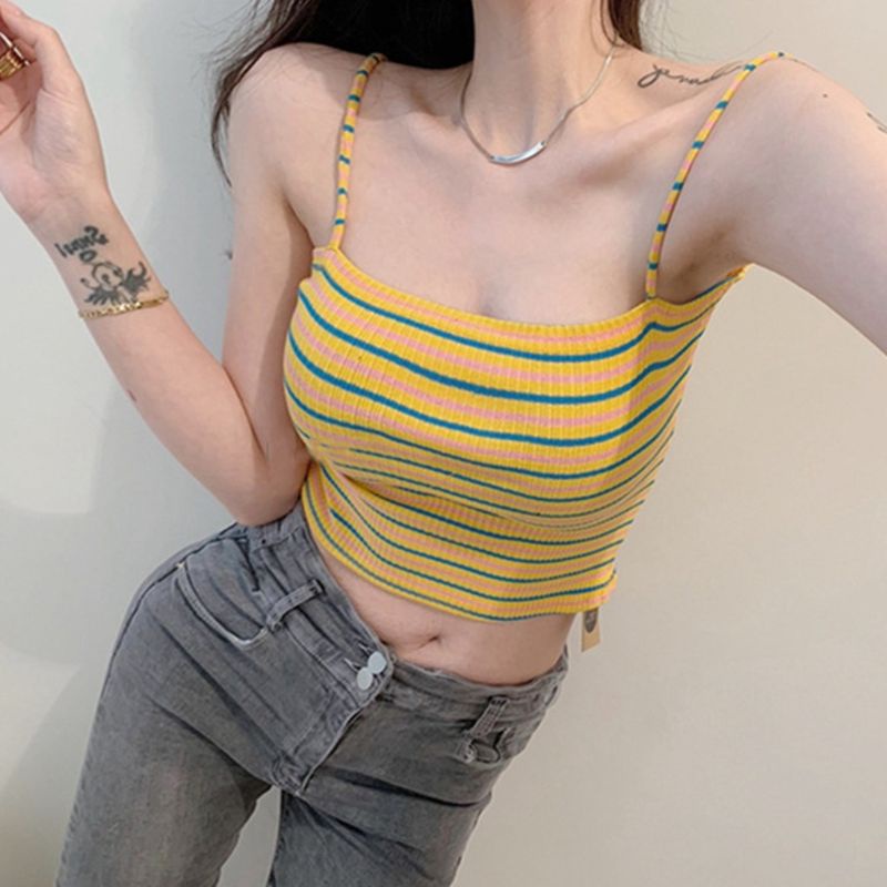 Áo Croptop Hai Dây Họa Tiết Kẻ Sọc Màu Tương Phản Thời Trang Mùa Hè Cho Nữ