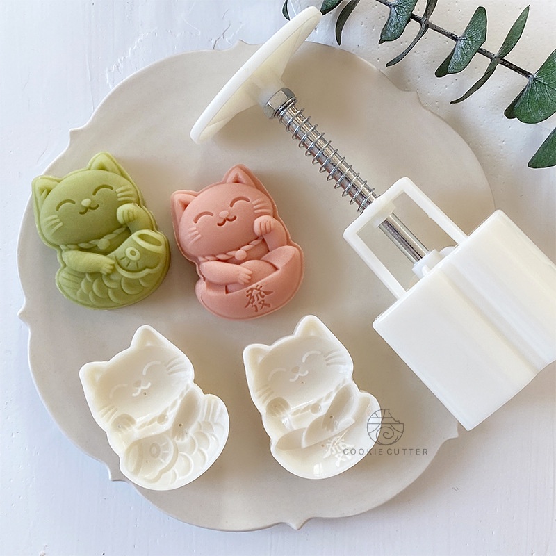 Khuôn trung thu lò xo Mèo thần tài, Mèo tài lộc, Túi tiền may mắn 50g