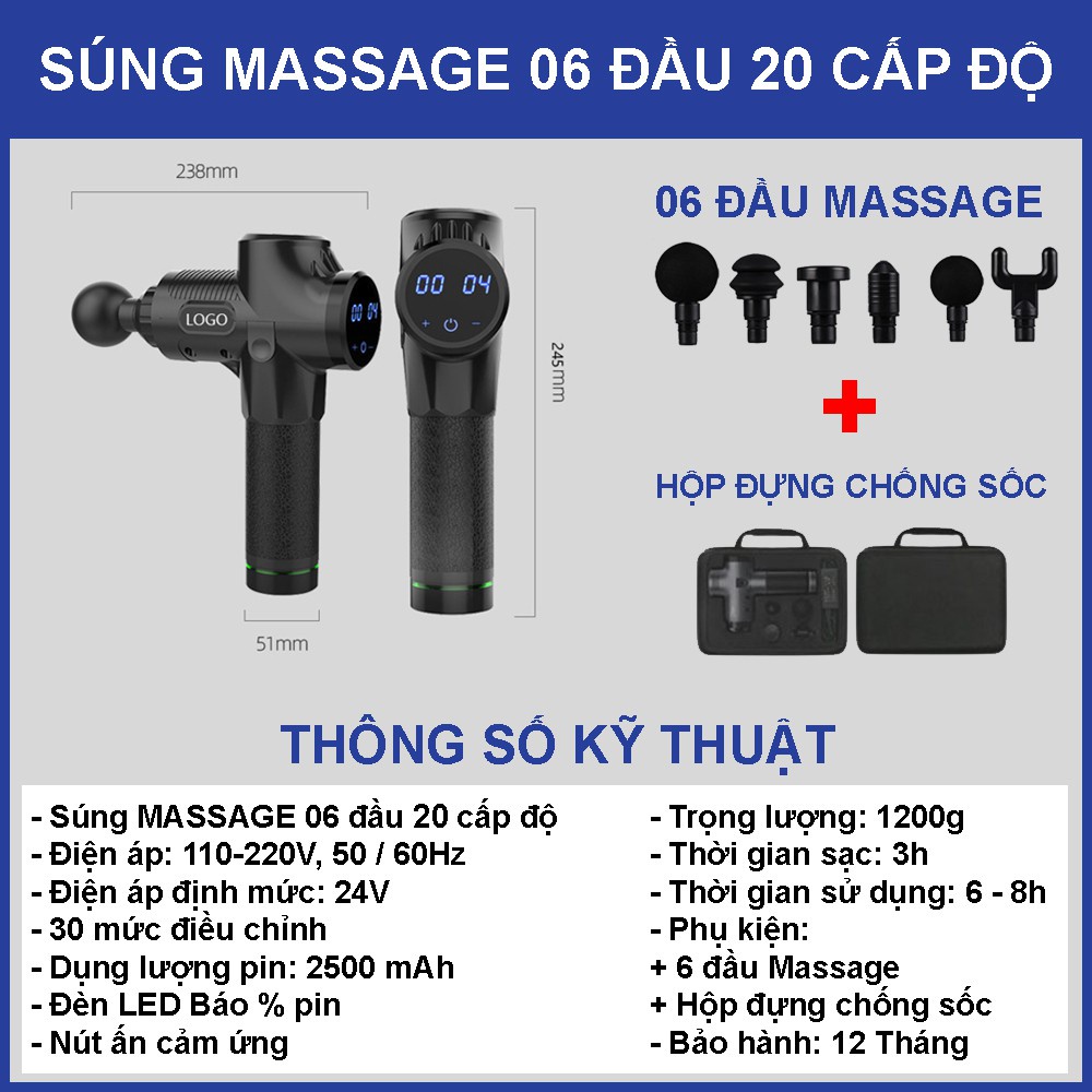 Súng massage cầm tay 6 đầu 20 cấp độ trị đau nhức toàn thân hiệu quả, máy massage cổ vai gáy kèm 6 đầu mát xa chuyên sâu