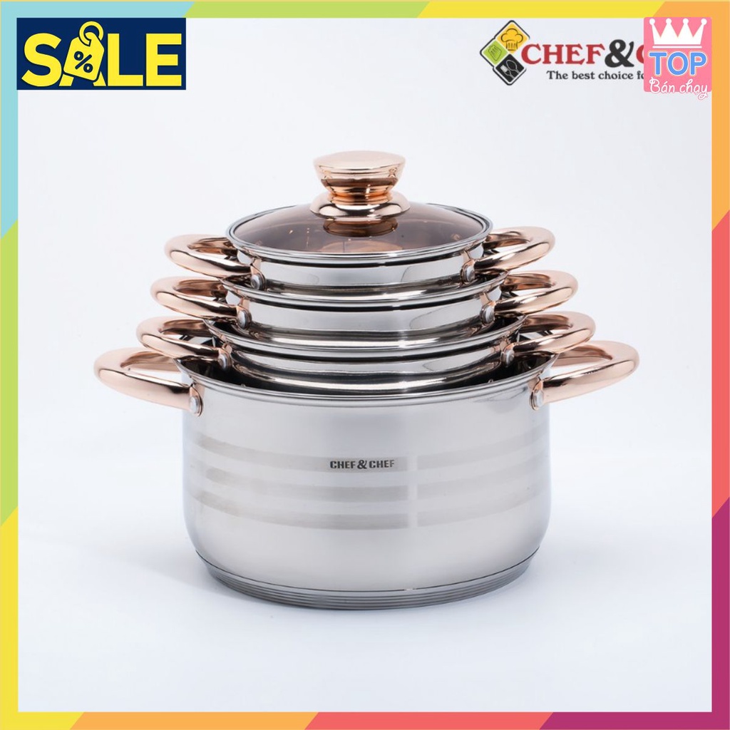 BỘ NỒI 6 MÓN VUNG KÍNH CHEF&CHEF ĐÁY TỪ 5 LỚP SẢN XUẤT THEO DÂY CHUYỀN CÔNG NGHỆ ĐỨC
