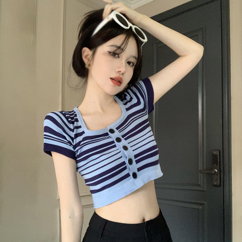 Áo Croptop Dệt Kim Tay Ngắn Cổ Vuông Họa Tiết Kẻ Sọc Phong Cách Hàn Quốc Thời Trang Mùa Hè Quyến Rũ Cho Nữ