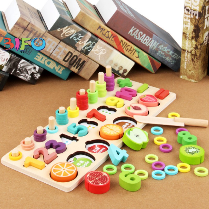 Bộ giáo cụ Montessori bằng gỗ học đếm số, tính khối cột và cắt hoa quả cho bé phát triển tư duy chính hãng Moondog