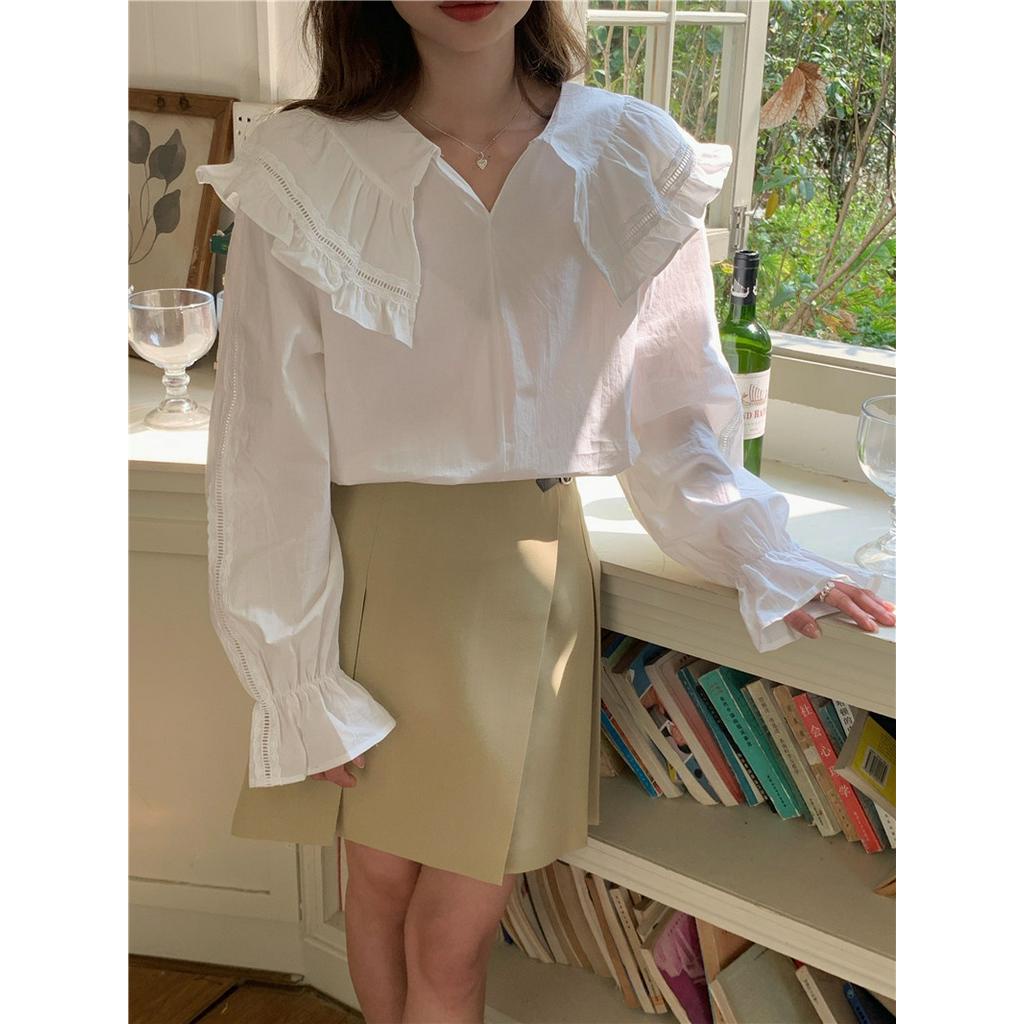 Áo Sơ Mi Trắng Dài Tay Cỡ Lớn Phối Bèo Nhún Ngọt Ngào 61918