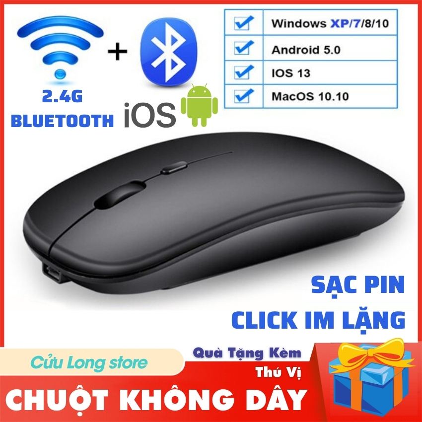 Chuột Không Dây Máy Tính Bluetooth 5.0 wireless 2.4G sạc pin mute click im lặng kết nối điện thoại mouse ko dây giá rẻ