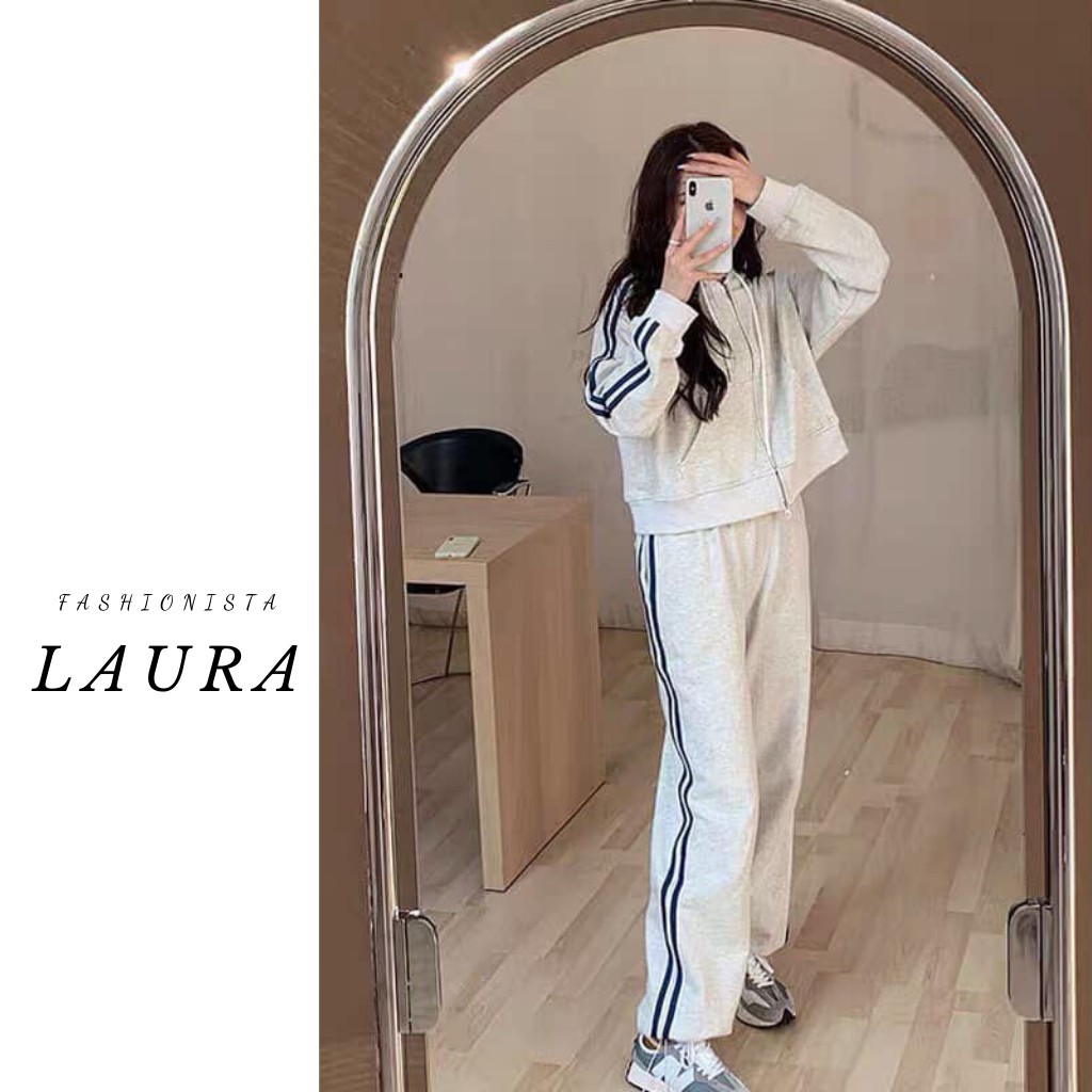 Set áo khoác nỉ dài tay 3 sọc kèm quần dài bo ống Laura Boutique - Set áo khoác quần thụng kẻ sọc xám năng động | BigBuy360 - bigbuy360.vn