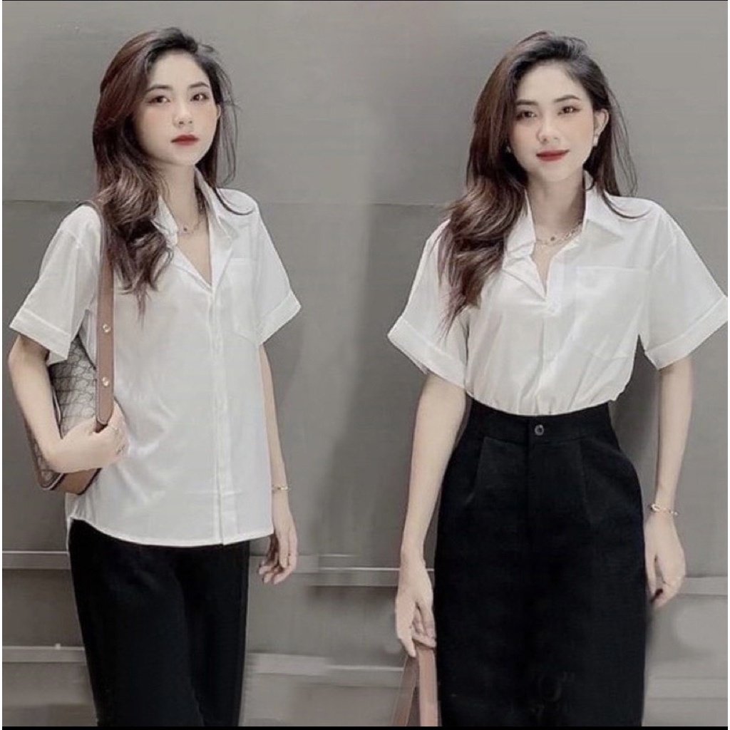 Áo sơ mi nữ cộc tay xắn có túi, Áo sơ mi trắng nữ tay lỡ form rộng vải lanh trơn