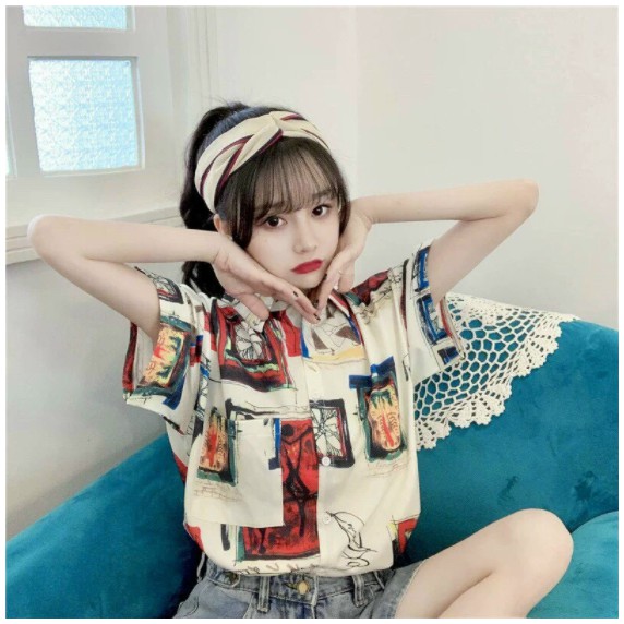 Áo sơ mi nữ form rộng tay lỡ in 3D Hình Ô Tranh, dáng ulzzang mặc cặp, nhóm cực sành điệu SMH.42