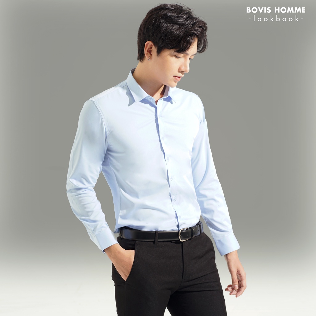 Áo sơ mi nam Bovis Homme tay dài thiết kế màu Xanh SD374, chất liệu Bamboo, vải dày dặn, thấm hút mồ hôi, chống nhăn