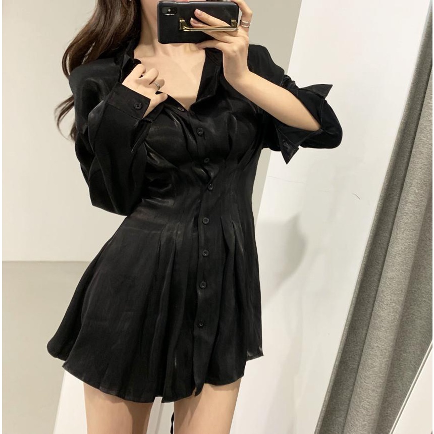 Đầm chiffon tay dài xếp ly thời trang công sở thanh lịch cho nữ