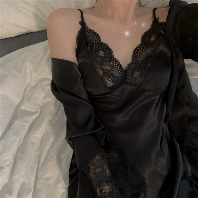 {Nightgown} Bộ Đồ Ngủ Vải Lụa Băng Mỏng Phối Ren Quyến Rũ Phong Cách Năm 2021 + Áo Choàng Ngoài UTtG * - && & & - & - & & | BigBuy360 - bigbuy360.vn
