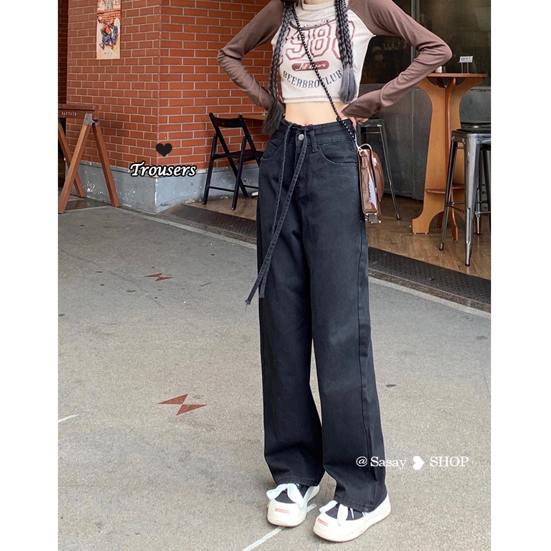 QADCOL Quần jeans Đen Lưng Cao Ống Rộng Cột Dây Phong Cách retro Mỹ Cho Nữ