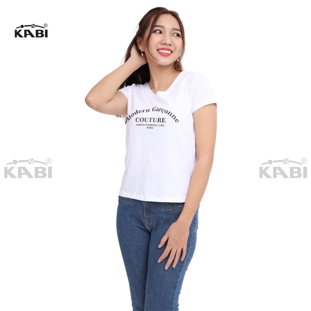 Áo thun tay ngắn nữ KABI áo cotton cổ tim cổ v in chữ basic form dáng ôm - WAN005