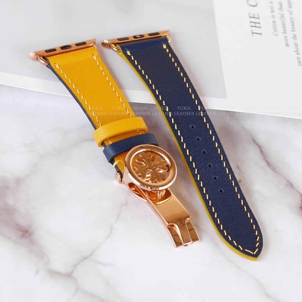 Dây da thủ công Swift Xanh Navy Mix Vàng dành cho Apple Watch, đồng hồ thông minh, đồng hồ cơ