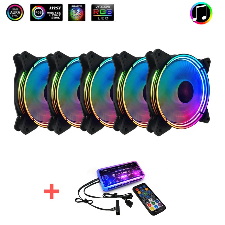 Bộ 5 Quạt Tản Nhiệt, Fan Case Coolmoon C2 Led RGB 16 Triệu Màu, 366 Hiệu Ứng  - Kèm Bộ Hub Sync Main, Đổi Màu Theo Nhạc