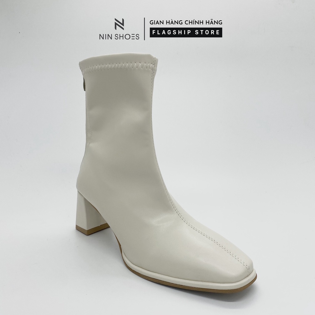 Giày boot nữ 7p gót vuông kéo khoa sau da si trơn Ninshoes | BigBuy360 - bigbuy360.vn