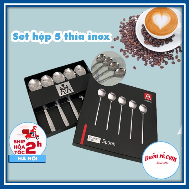 Hộp 5 thìa inox cán dài thiết kế cao cấp - Set 5 thìa inox đóng hộp sang trọng 01531
