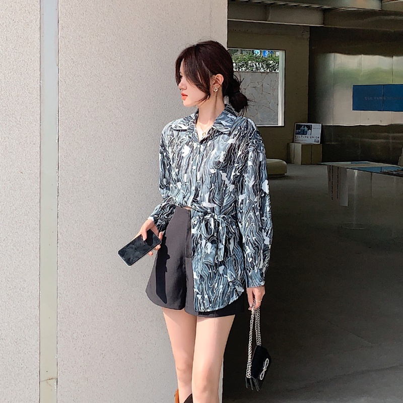 IELGY    Áo Sơ Mi Cột Dây In Họa Tiết Phong Cách hong kong Thời Trang Cho Nữ