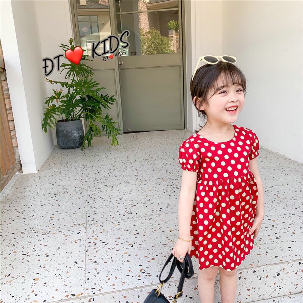 [V22] Váy Tay Bông Họa Tiết Chấm Bi Cực Xinh Cho Bé Gái Dáng Xòe Chất Vải Đũi Mềm Đón Tết Size Từ 8-18Kg VNXK Nhật-Hàn