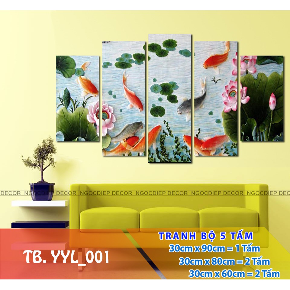 [SALE] bộ 5 tấm tranh treo tường, cửu ngư, tranh phòng khách tuyệt đẹp loại 1 giá rẻ 30*60|80|90