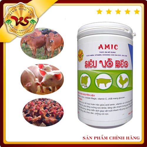 SIÊU VỖ BÉO CHO HEO, BÒ, GÀ - THỨC ĂN DINH DƯỠNG, TĂNG CÂN NHANH - AMIC - LON 1KG.