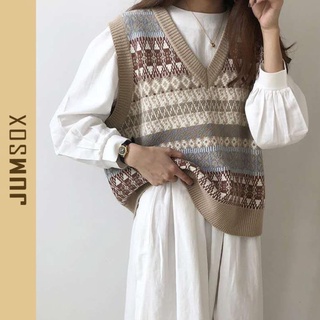 Trả sỉ- áo len gile nữ thổ cẩm dáng rộng cổ tim chữ V mùa thu đông JS0032