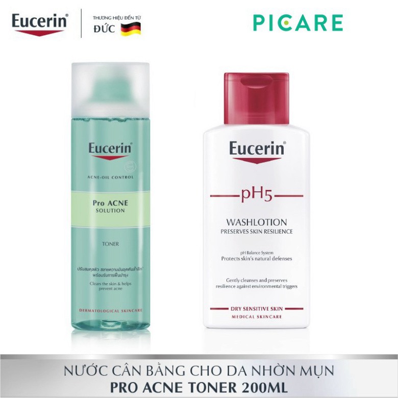 [CHÍNH HÃNG] Combo Eucerin Nước Hoa Hồng Dành Cho Da Nhờn Mụn Pro Acne Toner 200mL &amp; Sữa Tắm Eucerin Washlotion pH5 200m