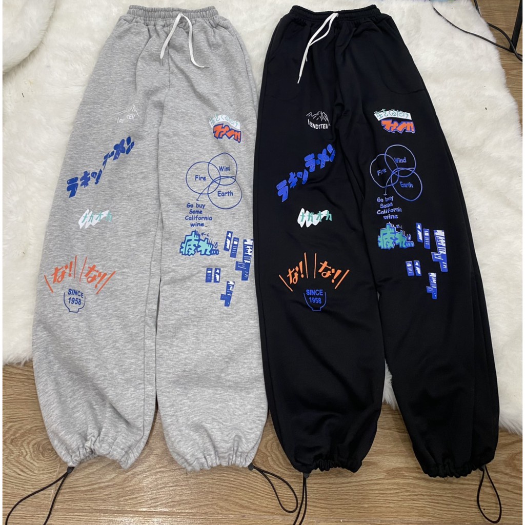 Quần nỉ hình RUBY HOUSE86 Quần thu đông ống rộng lót nỉ, chốt ống, in sắc nét, 2 màu Đen Xám hot hit