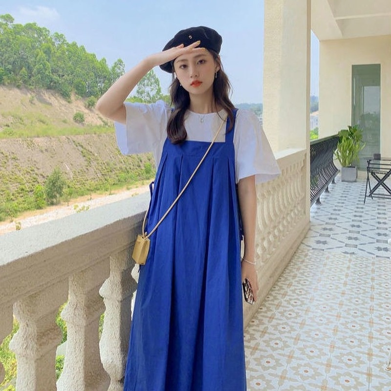 Set Đầm Yếm Màu Xanh Dương Phong Cách Pháp Thời Trang Mùa Hè Mới Cho Nữ