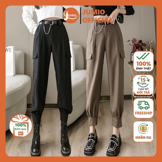 Quần baggy nữ kaki lưng cao dáng dài, quần jogger nữ túi hộp cá tính Ulzzang bo gấu 3 khuyu màu Đen - Nâu SML JUMIO