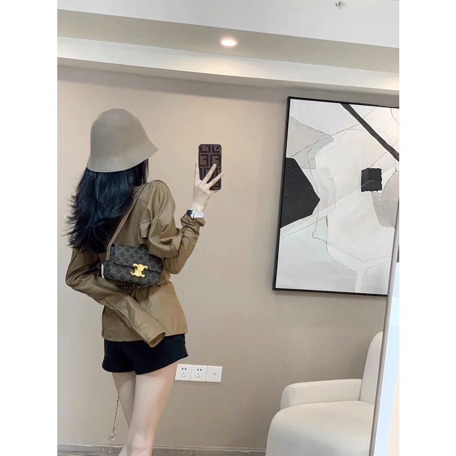 ÁO SƠ MI DÀI TAY ĐAI TÚI MÀU NÂU TÂY SIÊU XINH