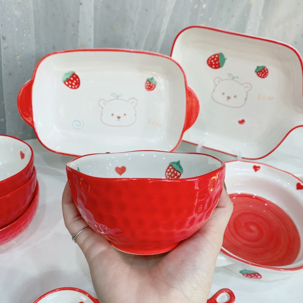 Bộ bát đĩa sứ decor trang trí món ăn dâu tây gấu đỏ 10 món siêu đẹp