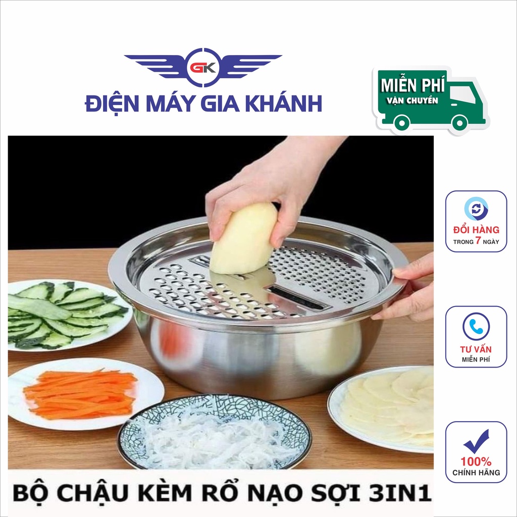 Bộ Rổ Nạo Rau Củ Quả Đa Năng Inox 3 in 1 - Bộ Rổ Nạo Củ Quả Kèm Chậu hàng đẹp