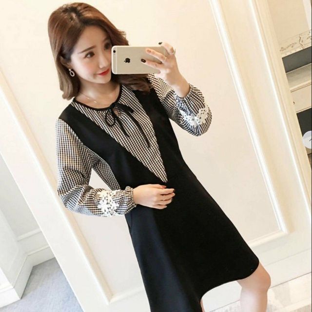 Đầm phối caro tay dài nơ cổ (kèm hình thật)