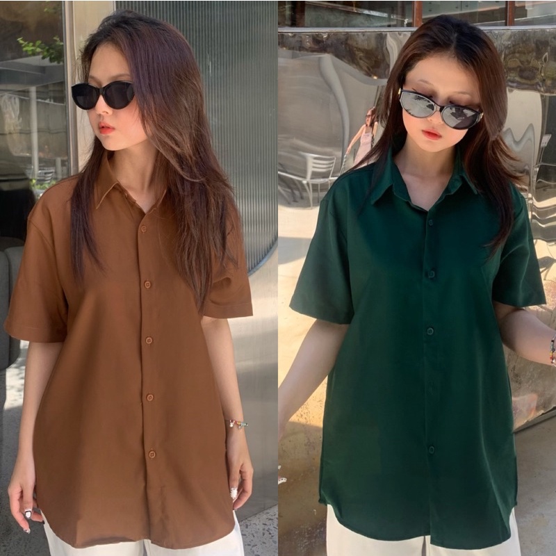 Áo Sơ Mi Trơn Tay Ngắn Xanh Lá Form Rộng Nam Nữ Unisex
