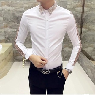 Áo Sơ Mi Nam Dài Tay Phối Ren Cổ Trẻ Trung