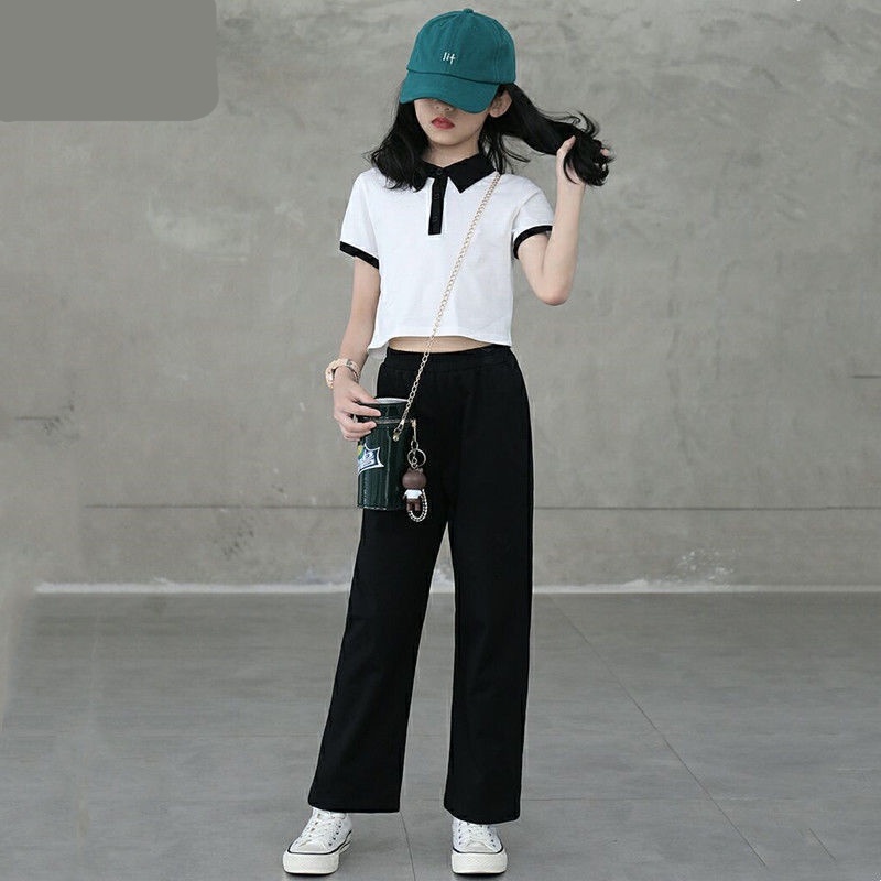 Hàng Có Sẵn 24 Giờ] Bộ Đồ Thể Thao Áo Thun Cotton Quần Ống Rộng Phong Cách Phương Tây Mùa Hè Cho Bé Gái 3-5-8-10-12 Tuổi/070