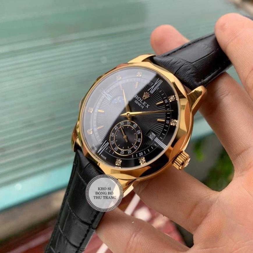 Đồng hồ Nam Rolex máy nhật, mẫu 3kim cắt vát mặt đen viền vàng dây da, dòng cơ Automatic size 40mm-41mm