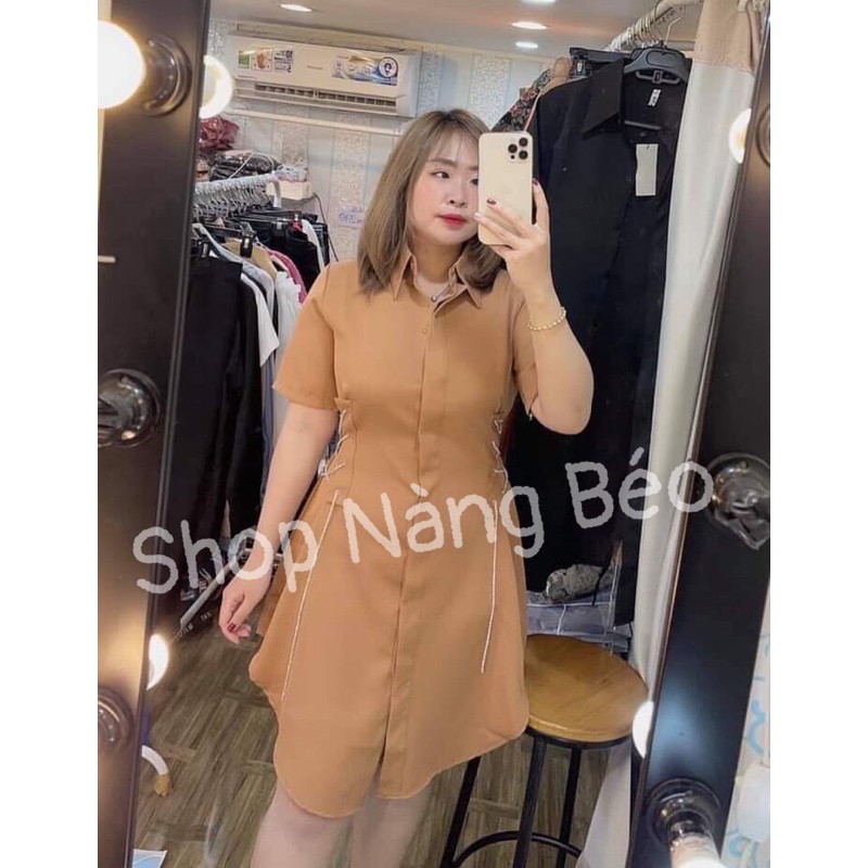 [Shop bigsize nữ 60kg-90kg] Đầm sơ mi đan dây eo sành điệu màu đen/ trắng/ nâu (tay ngắn)