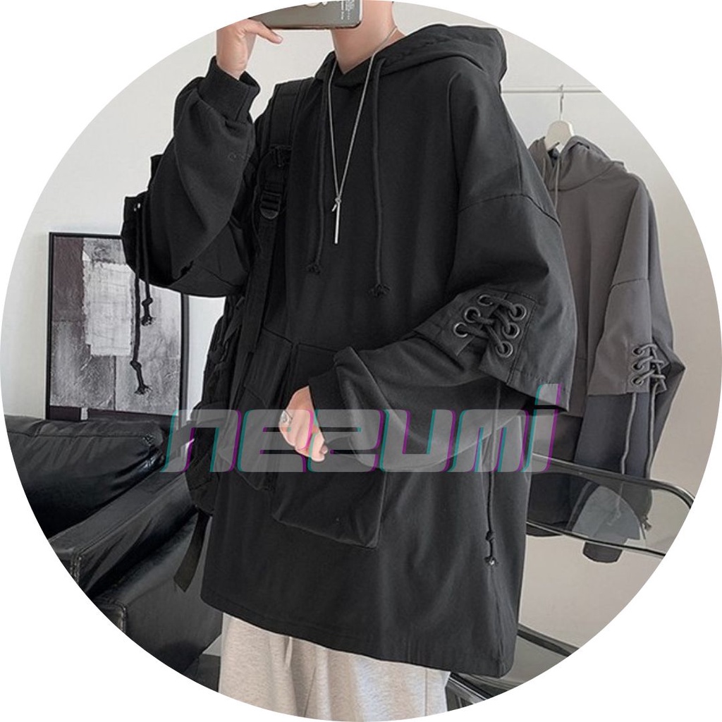 Áo hoodie tay nối đan dây full đen túi hộp unisex nam nữ hip hop Châu Âu