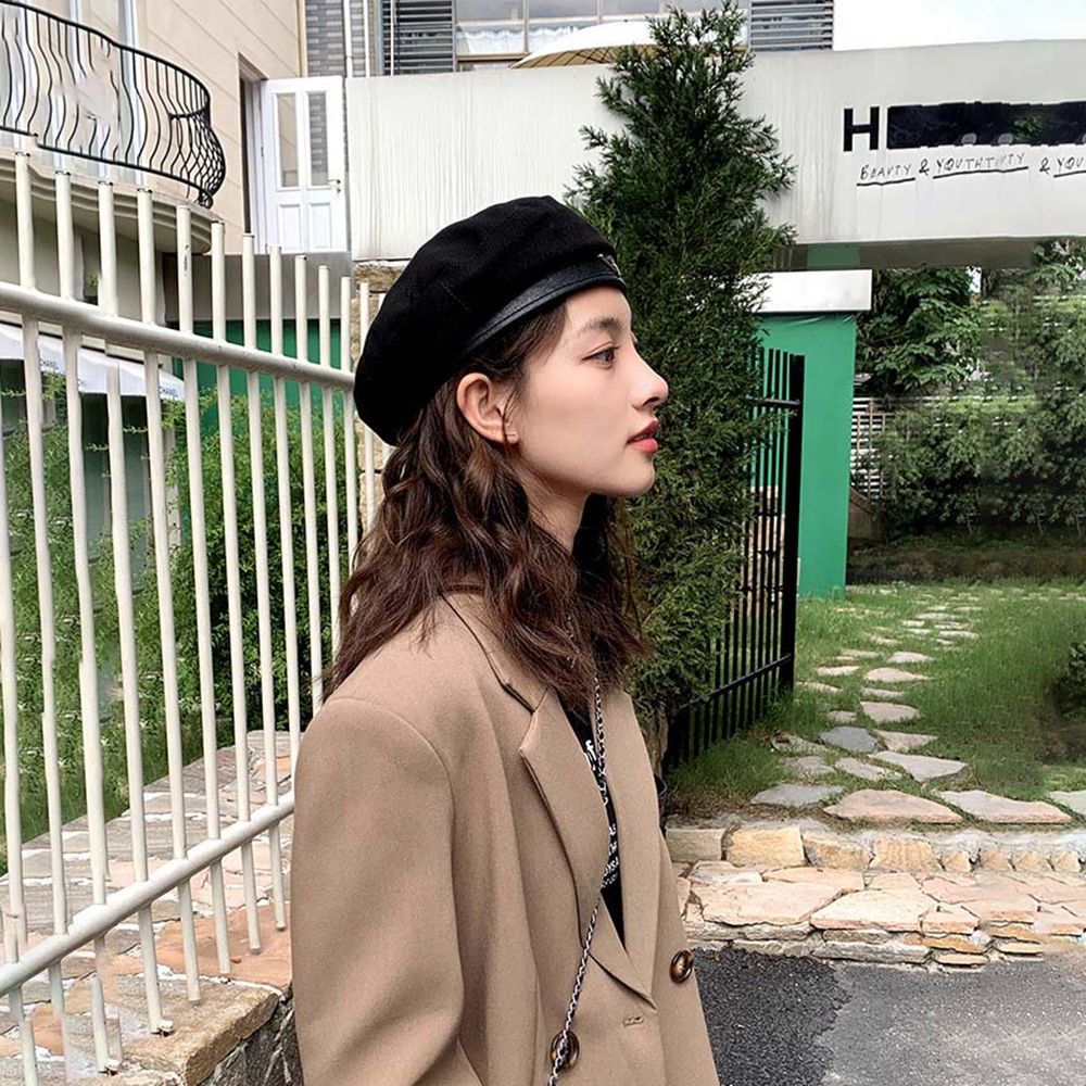 Mũ beret cotton phối da màu trơn đơn giản phong cách Hàn Quốc thời trang mùa thu cho nữ