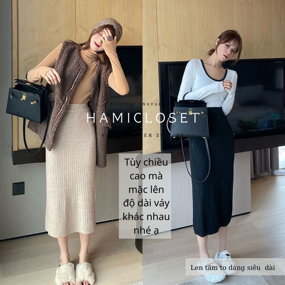 Chân váy len tăm dáng siêu dài qua gối