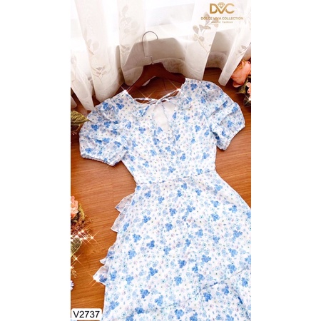 V2737 váy voan hoa xanh