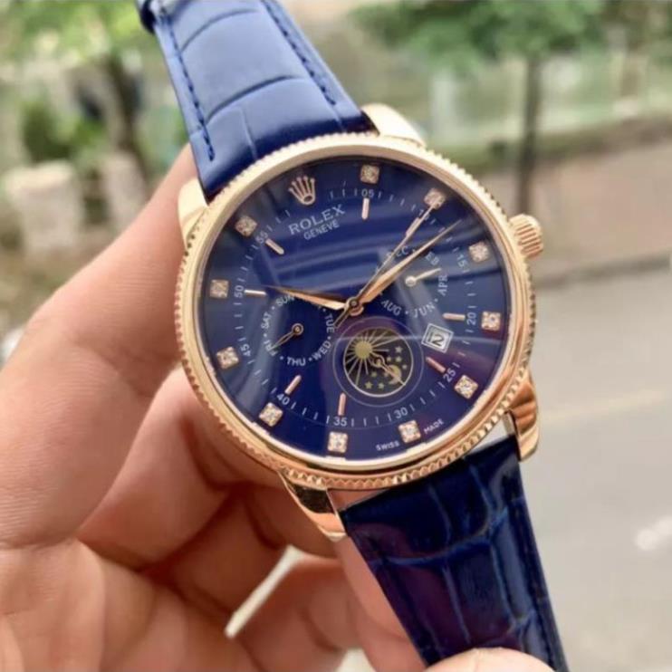 Đồng hồ Nam Rolex mẫu 6 kim đính đá, mặt xanh viền vàng, dây da, dòng cơ Automatic size 40mm , Đồng 