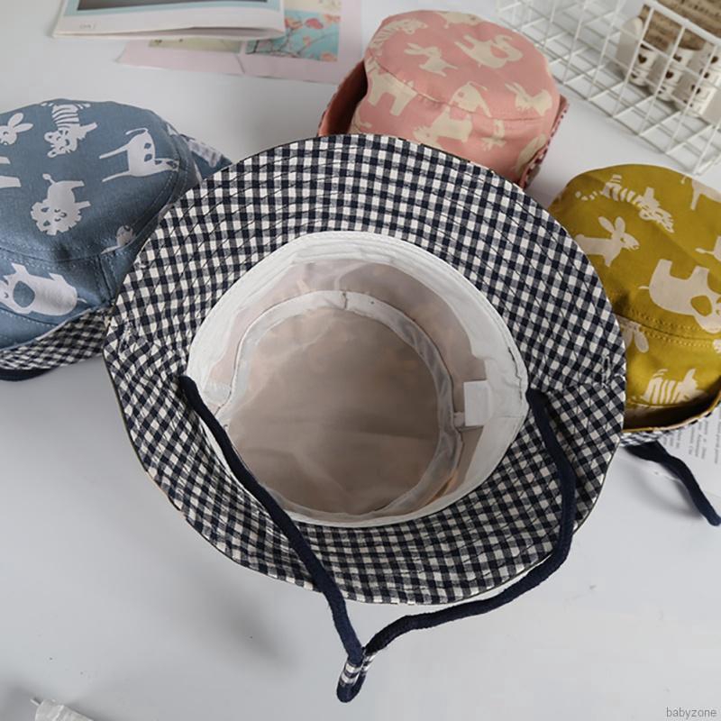 Mũ tai bèo cotton họa tiết động vật hoạt họa có dây đeo cằm cho bé