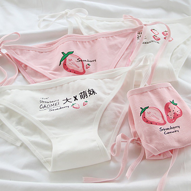 Strawberry Printed Lace-Up Cotton Briefs Comfortable Low Waist Panties For Women