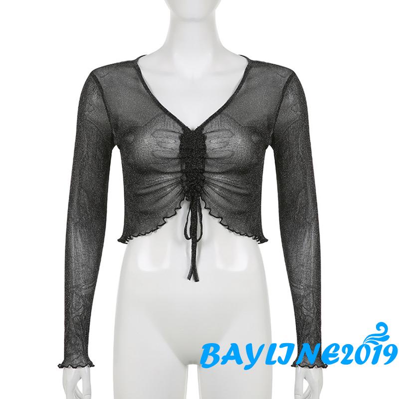 Bay- Áo Croptop Sơ Mi Crop Top Tay Dài Có Dây Rút Ngực Xuyên Thấu Sáng Bóng