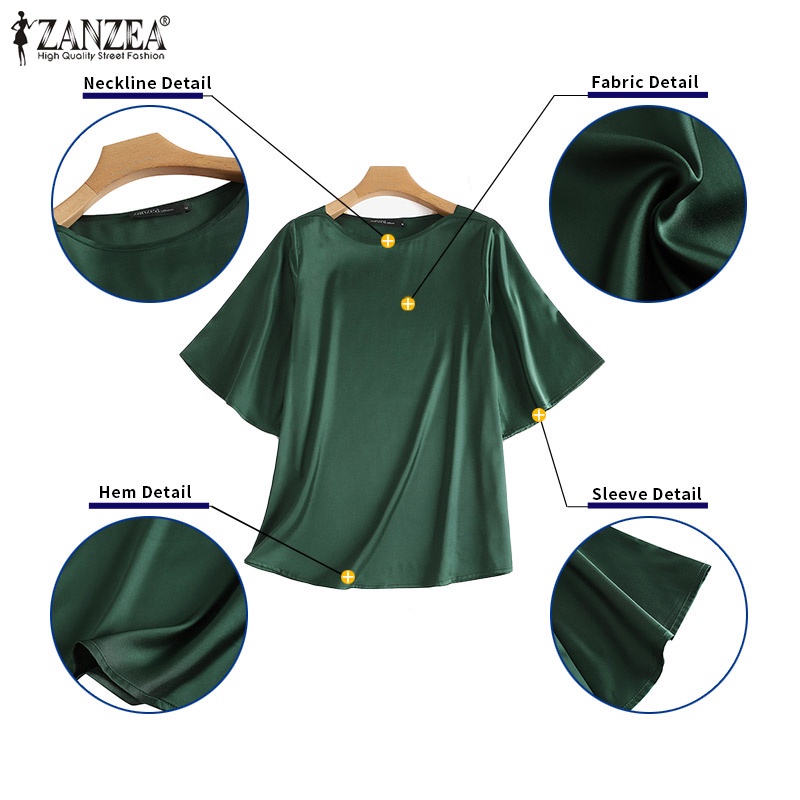 Áo ZANZEA satin ngắn tay cổ tròn thời trang đường phố thanh lịch cho nữ