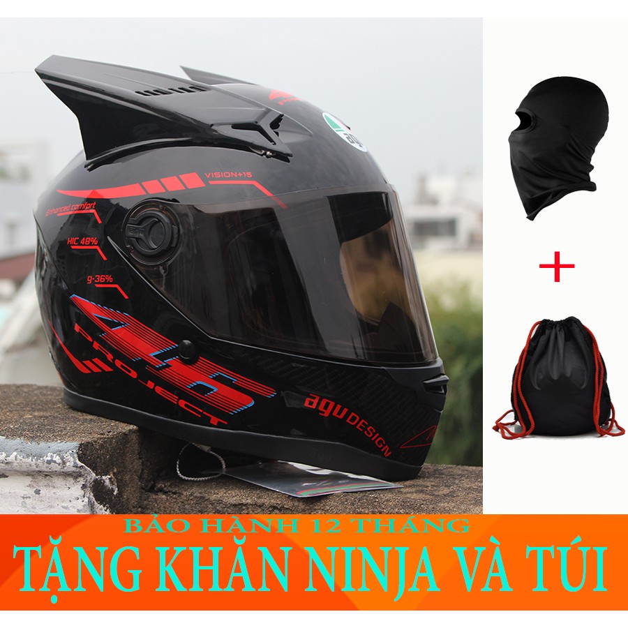 Mũ bảo hiểm AGU tem Đỏ Đen gắn sừng rùa đen TẶNG khăn ninja + túi + thùng