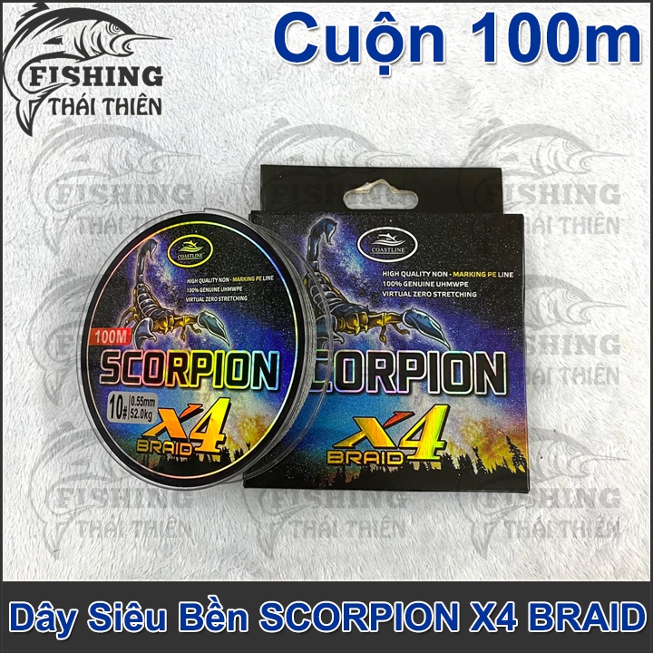 Dây Câu Cá Siêu Bền, Dây Dù Câu Lure, Tóm Lưỡi Câu Scorpion X4 Braid Cuộn 100m